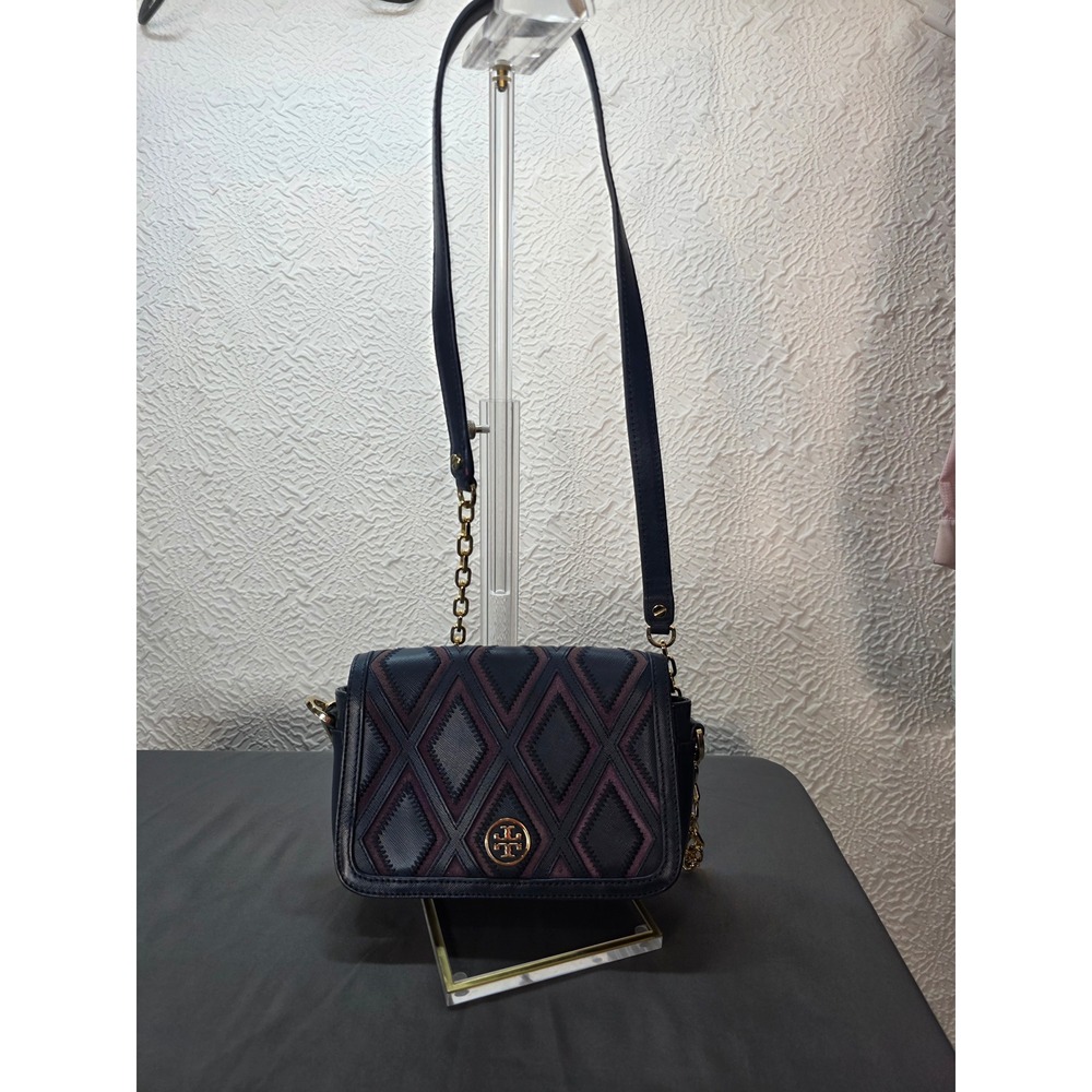 Tory Burch Robinson Patchwork Bag Womens Small Navy Blue Excellent Crossbody